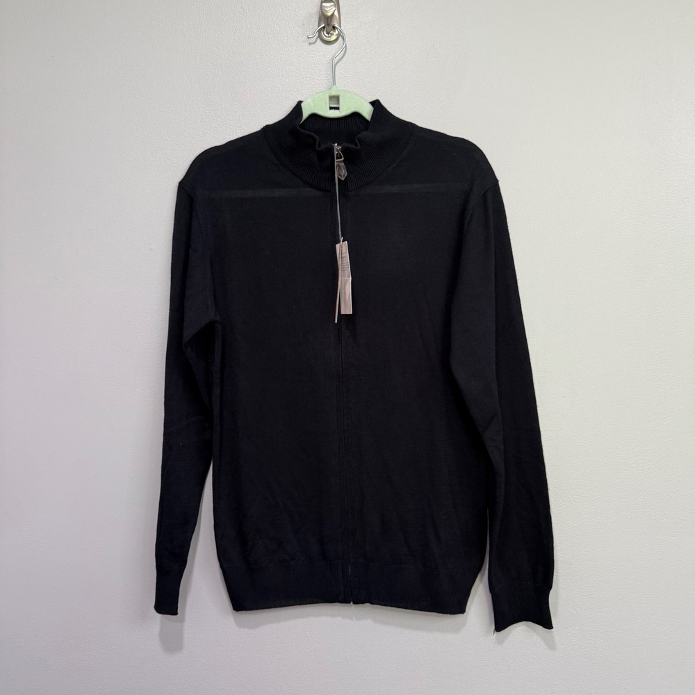 Lorenzo Magni Mens Black Merino Wool Full Zip Cardigan Sweater Made in Italy S